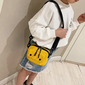 

Children Girl Button Square Solid Color Zipper Crossbody Shoulder Canvas Bag