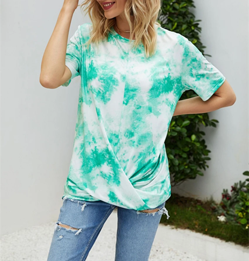 

Летние Плиссированные футболки с коротким рукавом и узелком, популярная Футболка с принтом, женская футболка свободного покроя