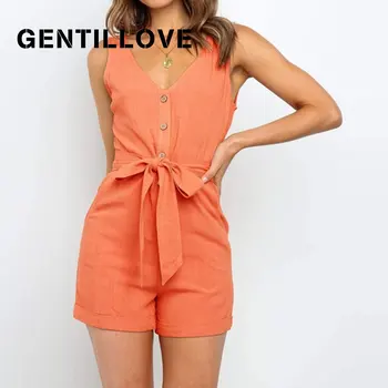 

Gentillove Elegant Summer Short Jumpsuit Vintage Rompers Women Casual Sleeveless V Neck Solid Playsuits with Belt Overalls 2020