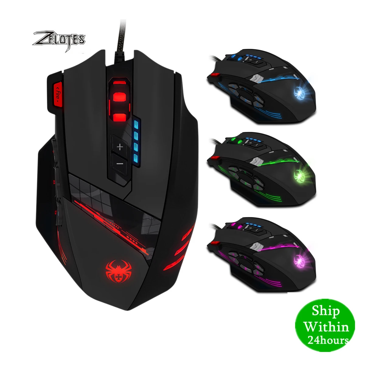 Проводная оптическая игровая мышь ZELOTES с USB 4000 DPI 12 программируемых кнопок