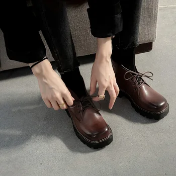 

Royesic Genuine Cow Leather Martin boots thick-soled women's 2020 autumn British style lace-up square toe ankle boots women