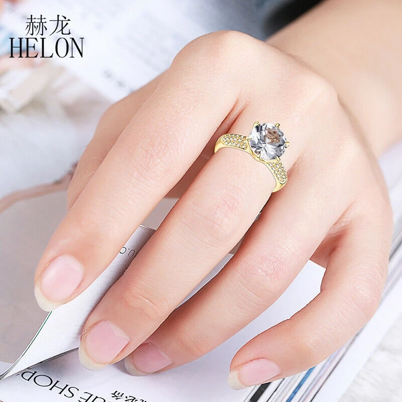 HELON Solid 14K желтое золото 3.4ct круглая огранка VVS/GH обручальное кольцо на головщину Moissanite кольцо для женщин ювелирные изделия