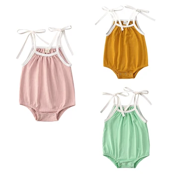 

0-24M Summer Cute Baby Girls Boys Bodysuits Clothes Solid Sleeveless Belt Cotton Jumpsuits Clothes 3 Colors