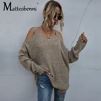 Sexy bare shoulder women's long sleeved sweater, solid knit, casual, new autumn and winter series 2020