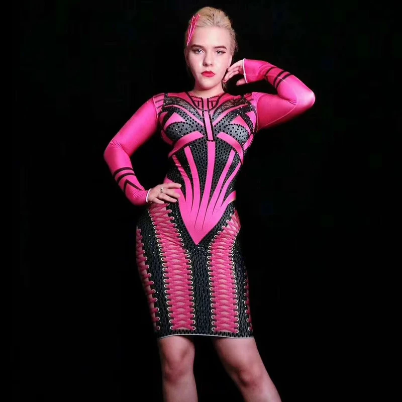 Dress Спандекс платье для ночного клуба, розово-красный Для женщин последняя одежда в стиле рейв эластичный длинный рукав платье певцов сценический костюм, одежда VDB1003 - Цвет: Dress