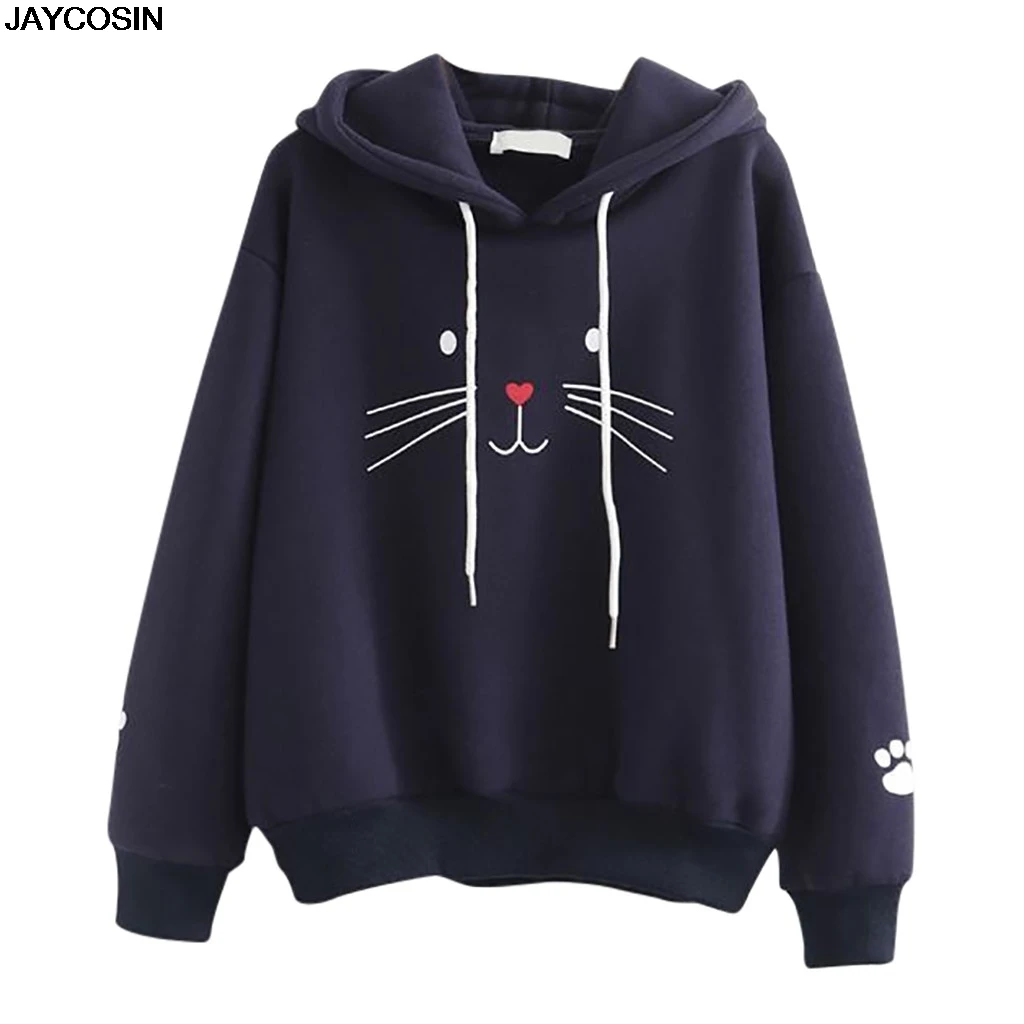 

JAYCOSIN Fashion Women Top Cat Printing Shirt Long Sleeve Hooded Sweatshirt Casual Loose Blouse Ladies Winter Autumn Tops 9809
