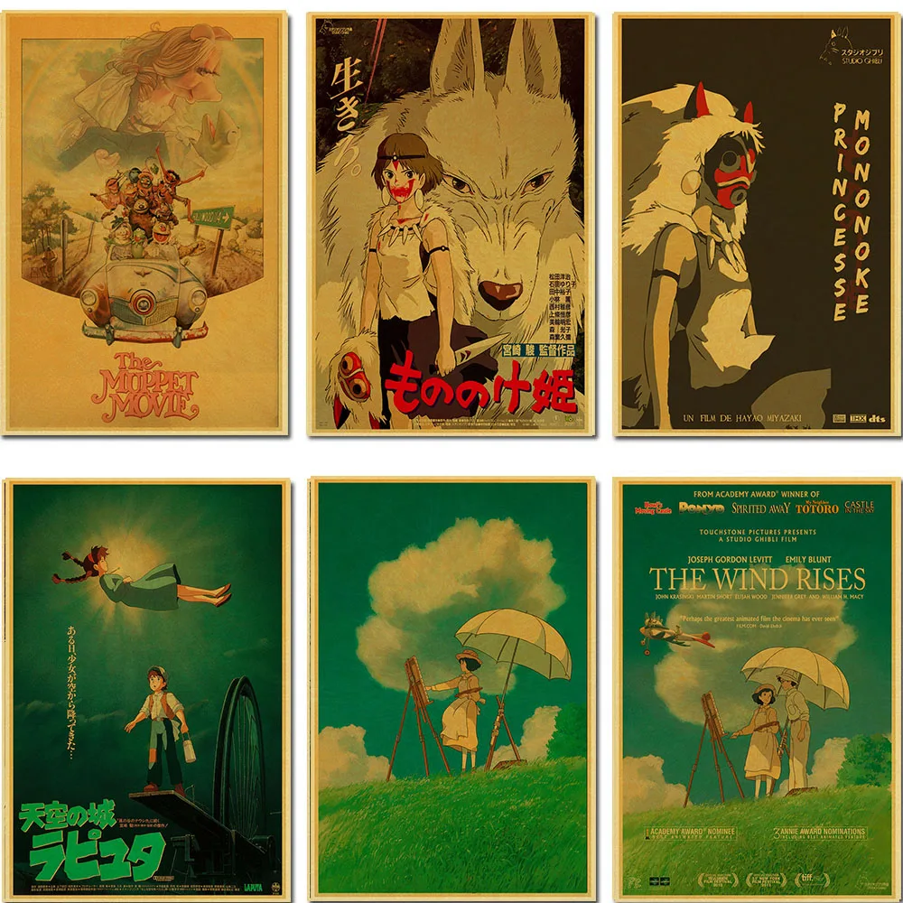 Vintage Cartoon Anime Hayao Miyazaki Totoro Spirited Away Poster Cafe Kid Home Decor Retro Kraft Paper Wall Sticker