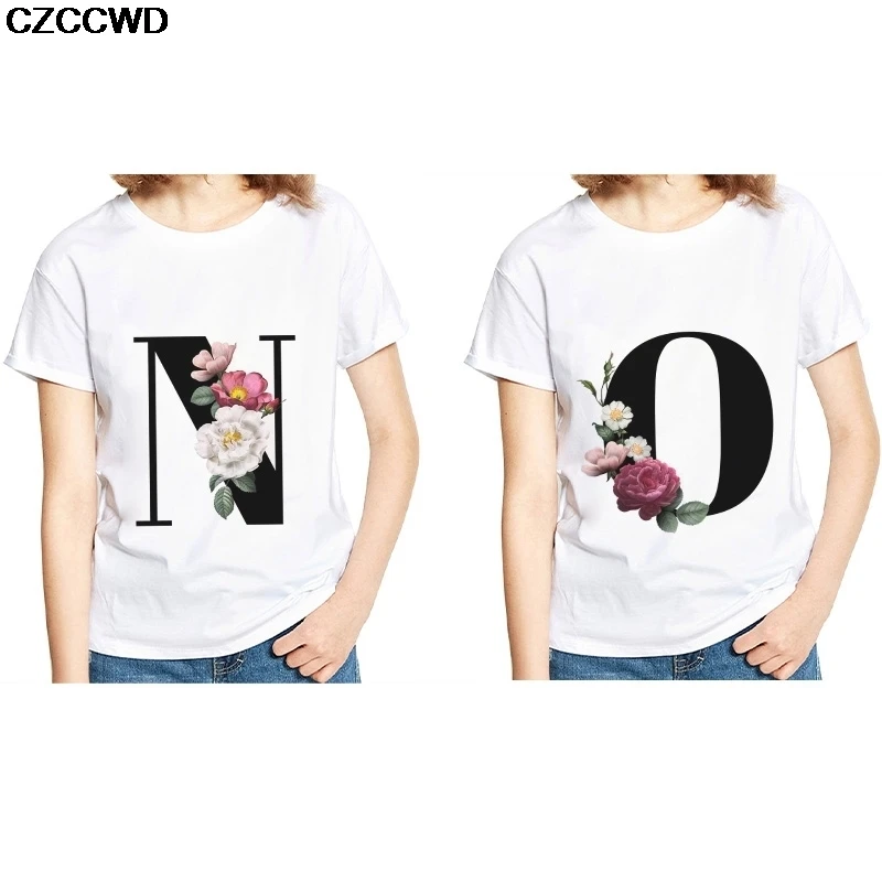 Summer Ulzzang Harajuku Fun Bouquet Of 24 English Letters Print Short Sleeve T Shirt Big Size Loose Vintage Casual Women T-Shirt