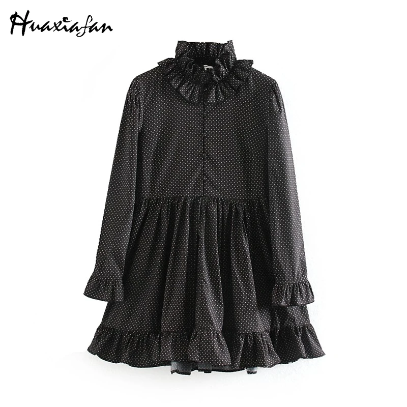 Huaxiafan женское платье в горошек с длинным рукавом элегантное осеннее Черное