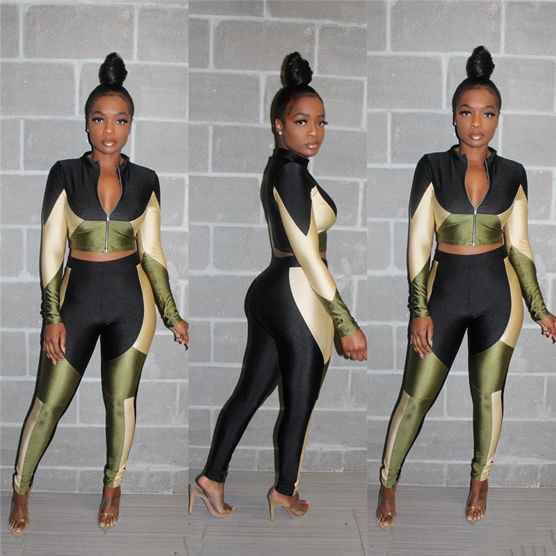 Tsuretobe осенний лоскутный спортивный костюм женский комплект из двух предметов с длинным рукавом укороченный топ и брюки костюм куртка на молнии комплект одинаковой одежды - Цвет: green