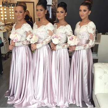 

2020 Arabric Lace Long Bridesmaid Dresses V-Neck Illusion Long Sleeves Sweep Train Maid Of Honor Gowns Wedding Guest Dresses