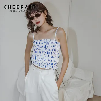 

CHEERART Bustier Crop Top Women Ribbed Cami Top Summer White Tube Top Casual Trendy Ruched Spaghetti Strap Top Clothing
