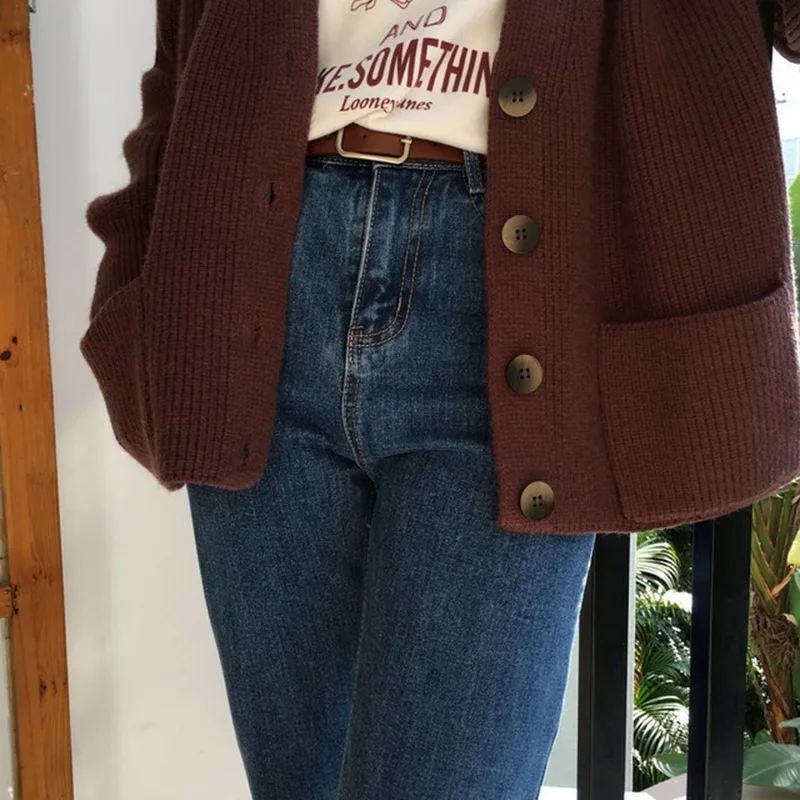 Женский кардиган свитер с v-образным вырезом однотонный Свободный Трикотаж однобортный Повседневный вязаный кардиган верхняя одежда зимняя куртка пальто