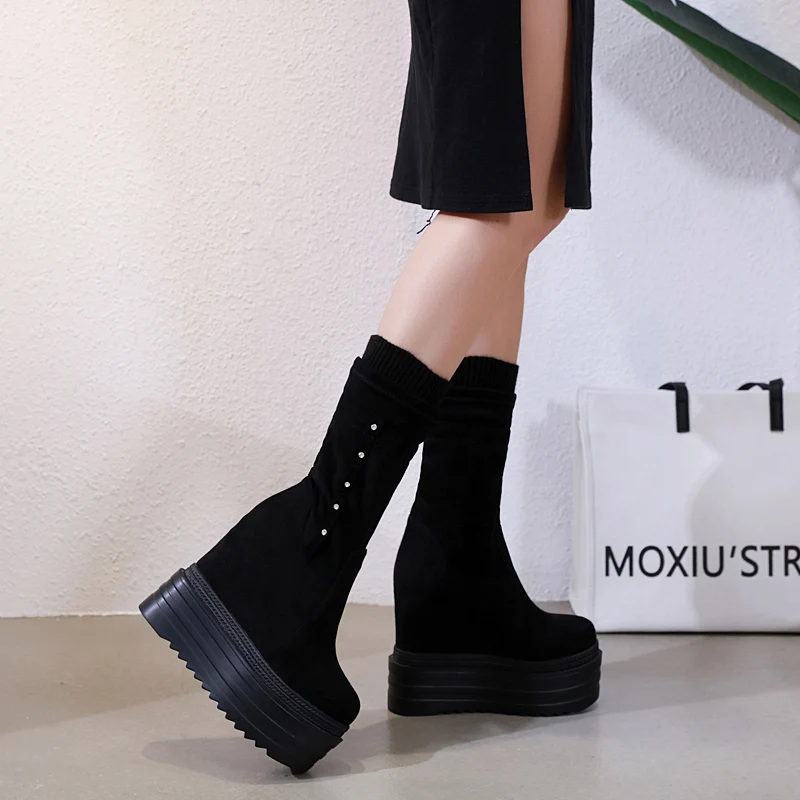 

Suede Increased Within Wedge Wool Tube Martin Boots Muffin Thick-Sole Super High Heel Middle Tube Boots Fashion Women's Boots