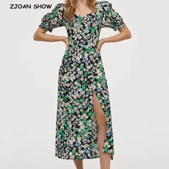 

2020 Retro V neck Red Flower Short Sleeve Split Dress Front Slit Hem French Women Puff sleeve Mid Long Tea Dresses Vestidos