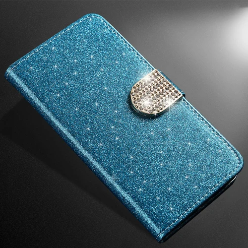 Для huawei Y5 Y6 Y9 Prime Pro Honor 8X 8C 7X 7C с сияющими блестками кожаный флип-чехол для телефона чехол - Цвет: Blue diamond