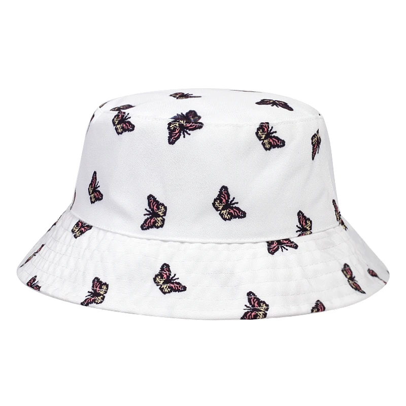 New Korean Unisex Summer Foldable Bucket Hat White Harajuku Butterfly Printed Fisherman's Hat Outdoor Sun Fishing Panama Hats