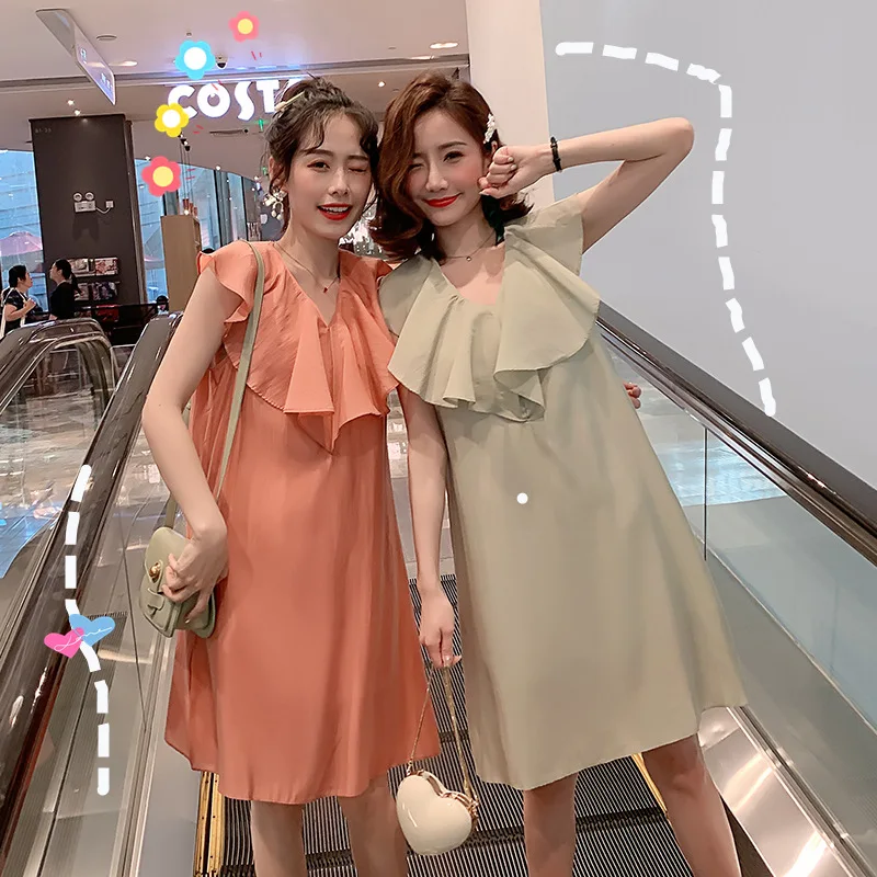 

Pregnant Women Dress Summer Sleeveless Summer Maternity Clothes Korean-style Flounced Fashion Mom Summer V-neck Vest Pregnant Wo