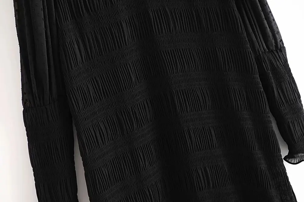 Винтажное черное Плиссированное длинное платье из вуали в горошек, женское сексуальное Полупрозрачное платье с круглым вырезом и длинным рукавом, элегантные вечерние платья на осень, DWDD60274