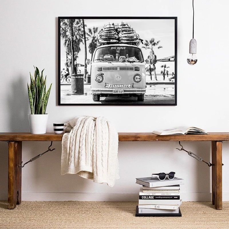 Camper-Van-Beach-Surf-Print-Palm-Tree-Art-Canvas-Painting-Black-and-White-Photography-Ocean-Poster (1)