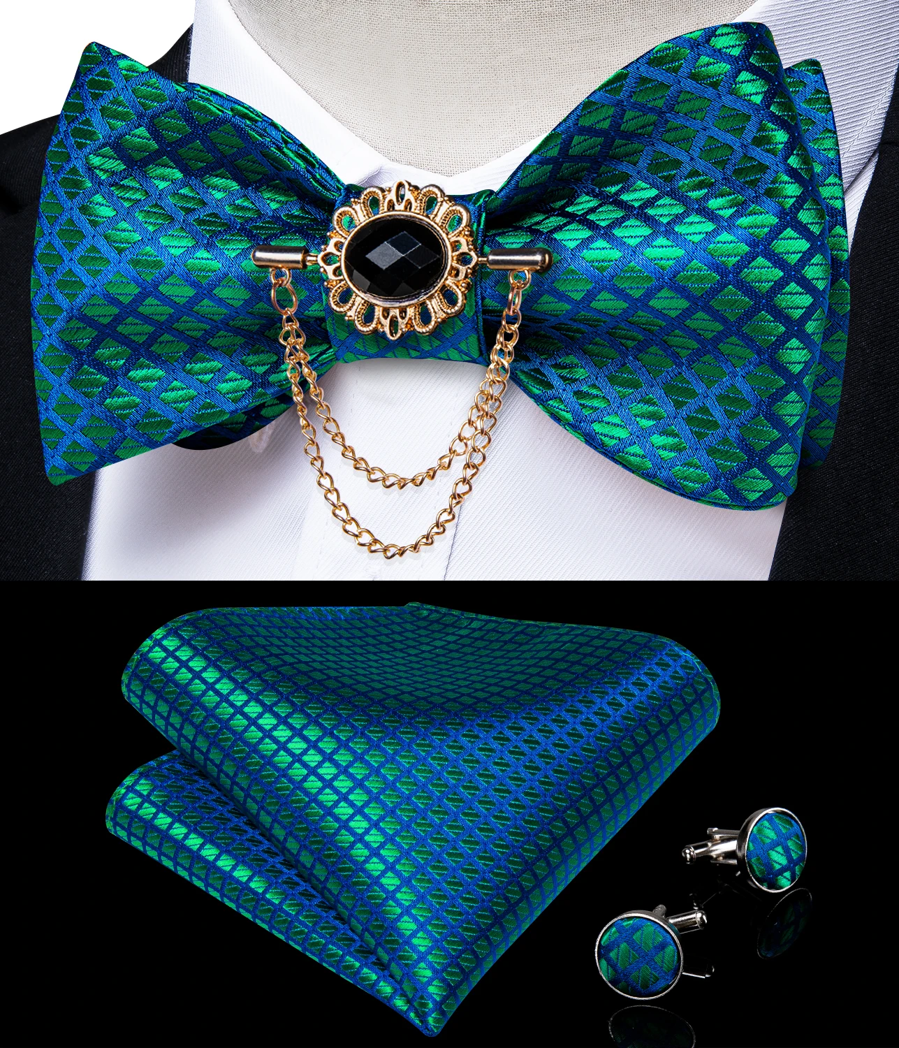 

Green Blue Check Silk Woven Men's Bow Tie Self Tie Wedding Party Bow Tie Hanky Brooch Pin Cufflinks Set Men Butterfly DiBanGu