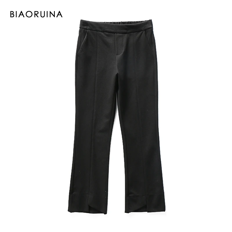 

BIAORUINA Women's Black Korean Style Slim Stretch Elastic High Waist Ankle-Length Flare Pant Casual Front Split Pant Trousers