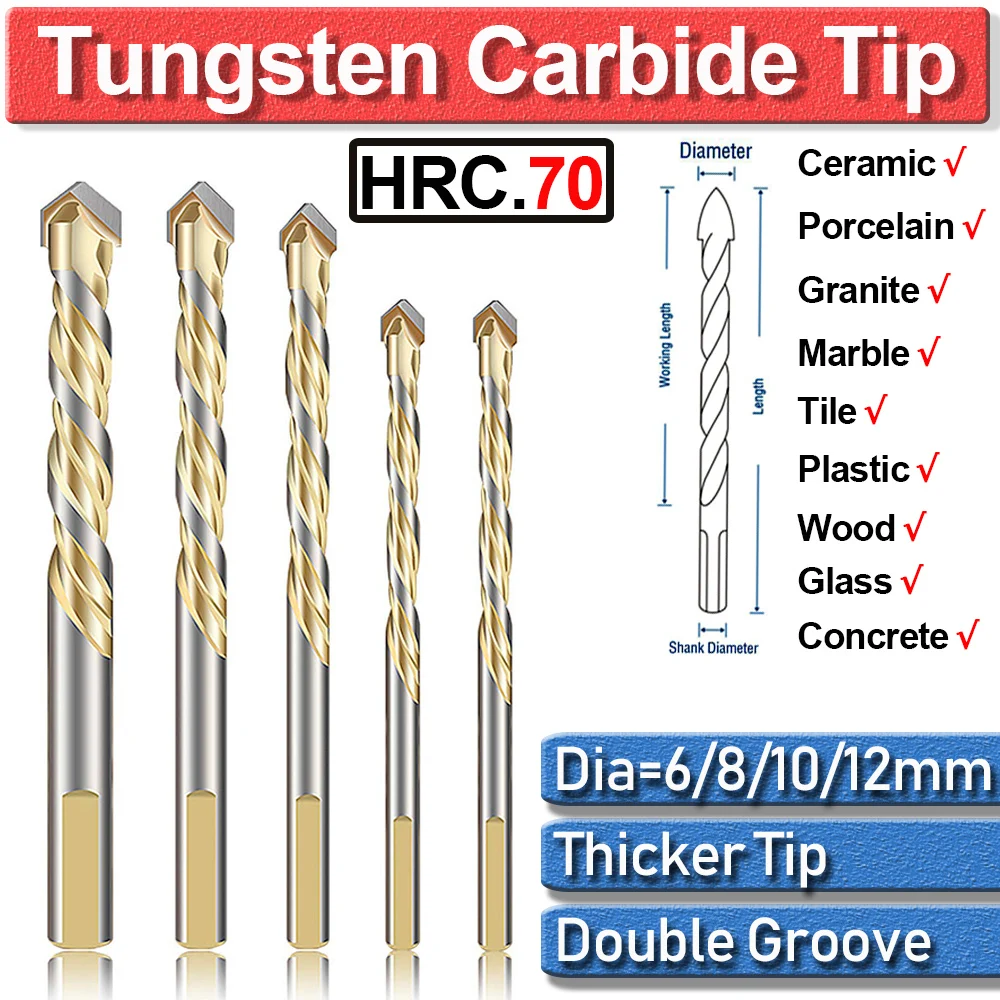 5Pcs Multi-Material Tungsten Carbide Tip Tile Drill Bits for Porcelain Ceramic Concrete Brick Wall Glass Plastic Wood 6-12mm D30 professional carbide steel drill glass tile cement wood hole opener stainless 6mm 8mm 10mm 12mm metal