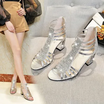

Rhinestones Sandals Women Fashion Crystal Decor Roman Style Thick Heel Anti-slip Zipper Open-toe Sandals
