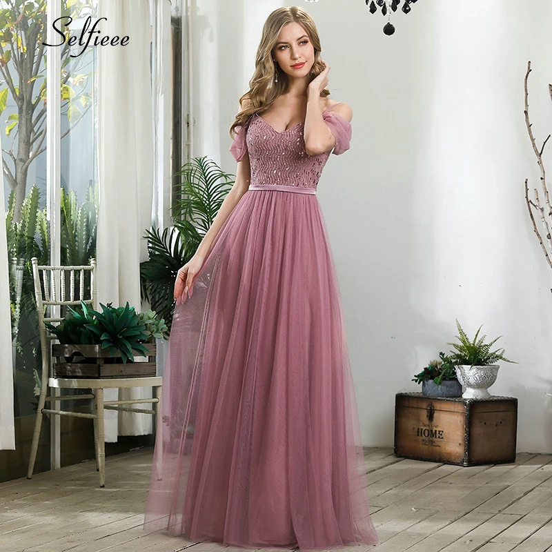 Elegant Laides Party Dress A-Line V-Neck Spaghetti Straps Sequined Short Sleeve Maxi Women Dress Sparkle Formal Gown Robe Femme