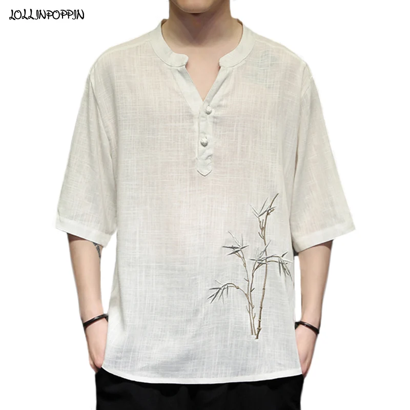 

Chinese Style Bamboo Embroidery Men Half Sleeve T-Shirt Cotton & Linen V-Neck 2021 New Casual Summer Tops
