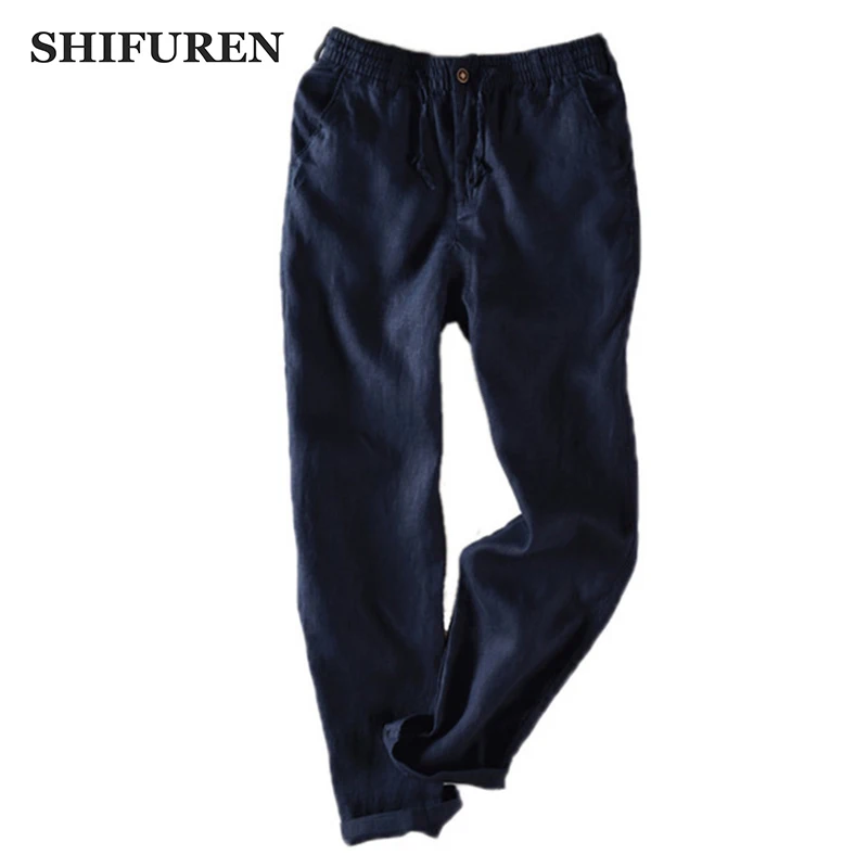 

Men's Casual Loose Cotton Linen Pants Breathable Summer Male Solid Elastic Waist Straight Drawsrting Kung Fu Trousers Clothing