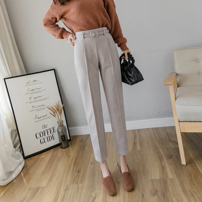 

Autumn Winter Women's New Woolen Pants High Waist Casual Straight Thick Harem Belt Trousers