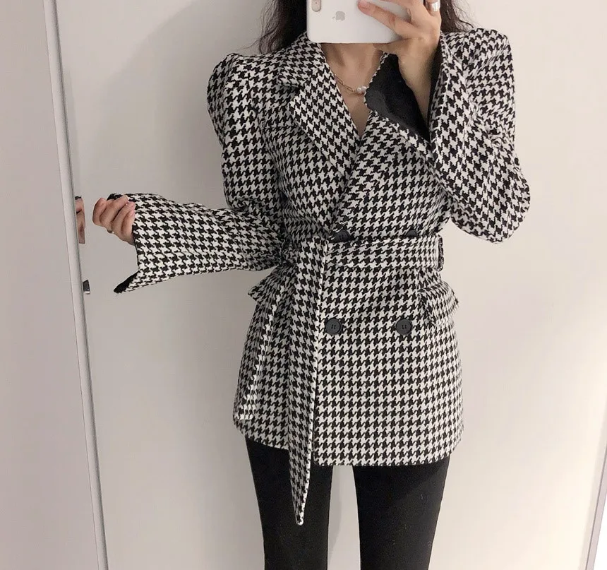 Chic Houndstooth Coat Double Breasted 