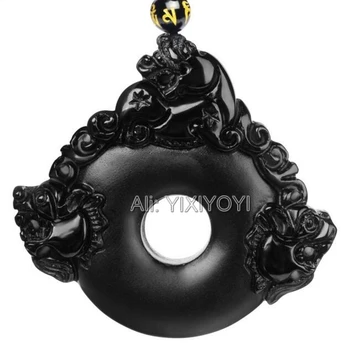 

Beautiful Natural Black Obsidian Hand Carved Chinese Dragon Head PiXiu Buckle Lucky Pendant + Beads Necklace Fashion Jewelry