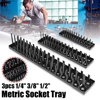 

3pcs/set Home Rack Metric SAE Storage Tool Holder Garage Plastic Workshop 1/4'' 3/8'' 1/2'' Shelf Stand Accessories Socket Tray