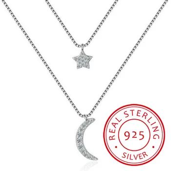 925 Sterling Silver Long Star Moon Choker Necklaces Pendant Fashion Sterling-silver-jewelry Statement Necklace For Women Kolye