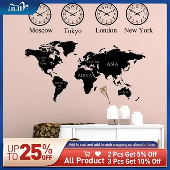 

World Map Vinyl Wall Sticker London New york Tokyo Moscow City Time For House Living Room Decoration Bedroom Decor Mural