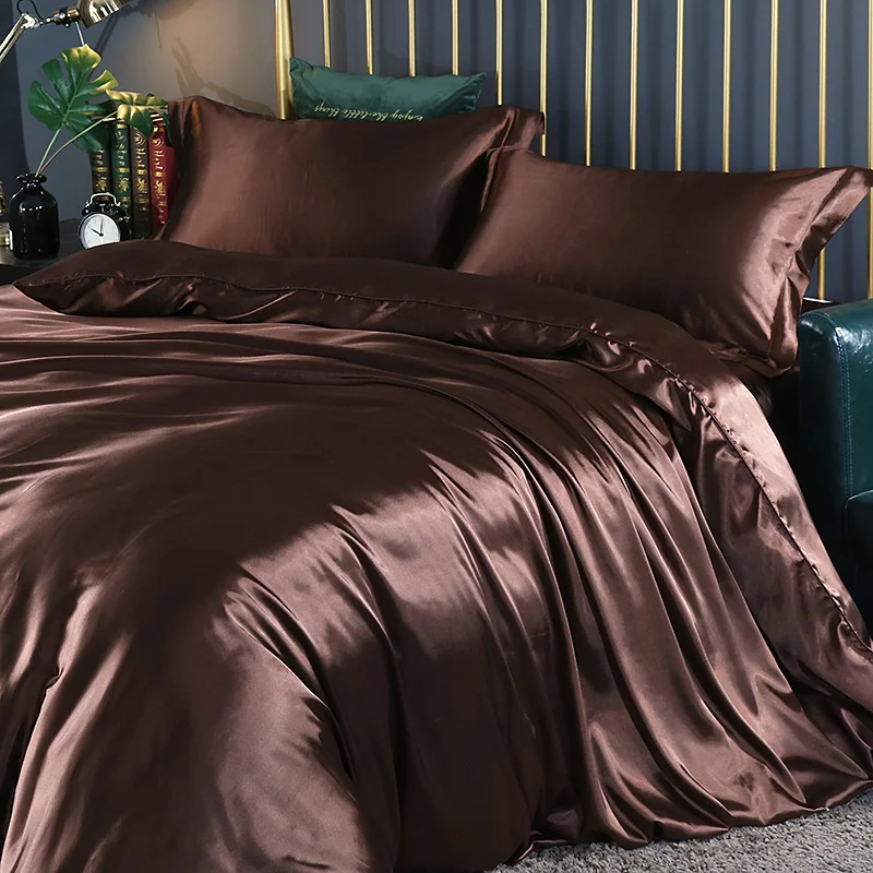 Mulberry Silk luxury Bedding Set with fitted sheet High-end 100% Silk Satin Bedding Sets soft smooth Solid Color quilts Cover