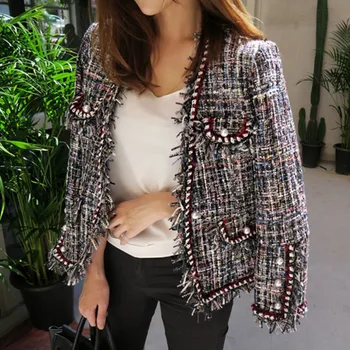 

Korea Celebrity Same Paragraph Suit Women Short Retro Tassel Pearl Buckle Woven Jacket 2020 Spring New Crude Tweed Coat PC410