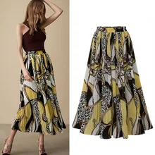 Плиссированная Женская юбка с высокой талией, Ретро стиль, большой размер, летняя, цветочный принт, шифон, до середины икры, трапециевидные, повседневные, вечерние, скейтерские юбки
