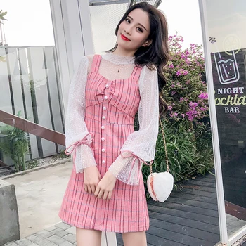 

Fashion Spring Autumn 2PCS Sets Korean Elegant Transparent Mesh Tops + Plaid Strap Dress Set Sweetsuit Two Piece Set Women