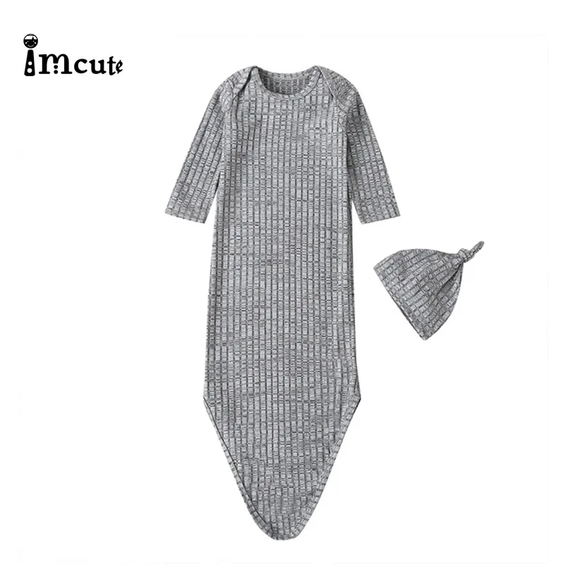 Imcute 2020 Newborn Baby Boys Girls Soft Cotton Sleeping Bags Solid Knitted Swaddle Wrap Blanket Sleeping Bag+Hat Set 0-1Y