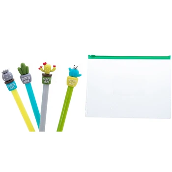 

HOT-20 Pcs Green Clear Size A5 Paper Slider Zipper Files Bags & 12 Pcs Stationery Cute Cactus Pen Advertising Gel Pen