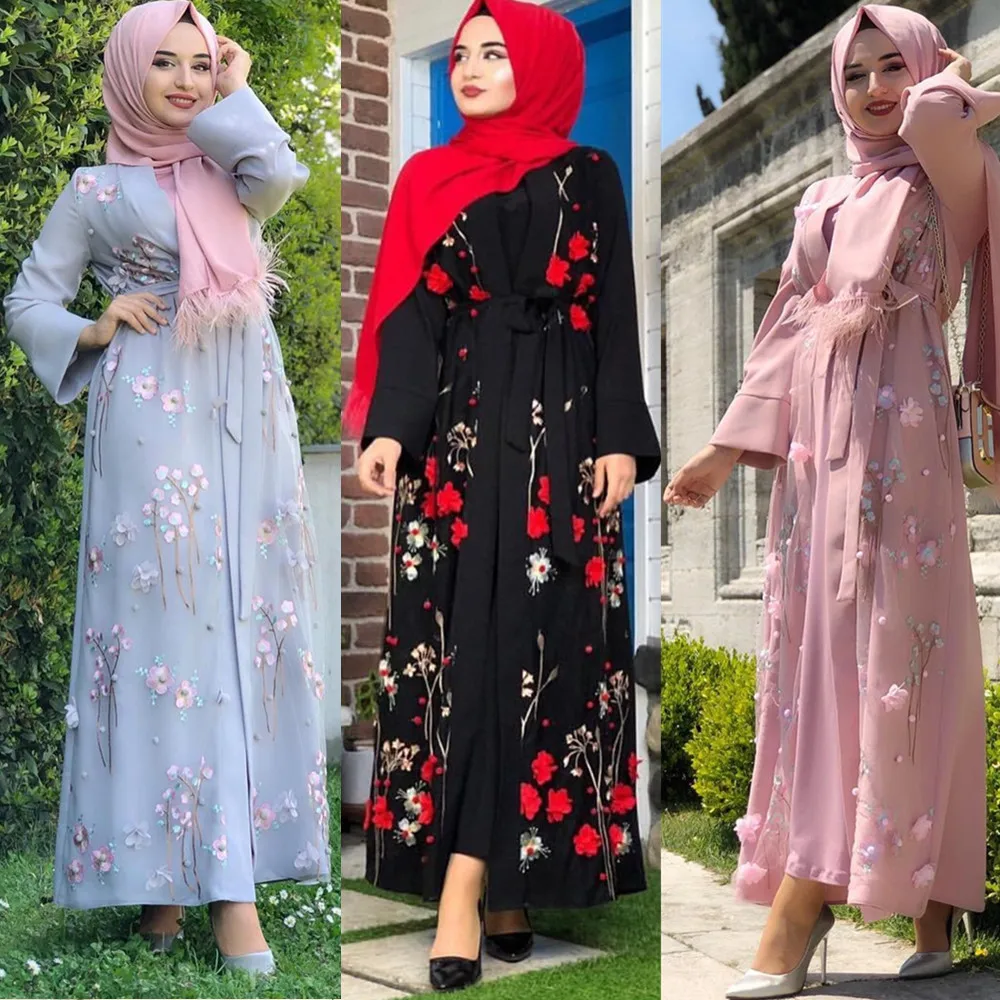 

Muslim Embroidery Floral Abaya 3D Appliques Beading Dress Cardigan Kimono Robe Caftan Kaftan Ramadan Prayer Islamic Clothing