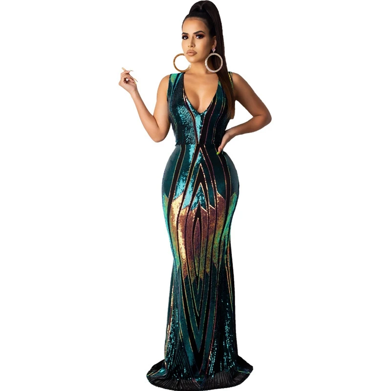 deep v sleeveless bodycon sequin dress