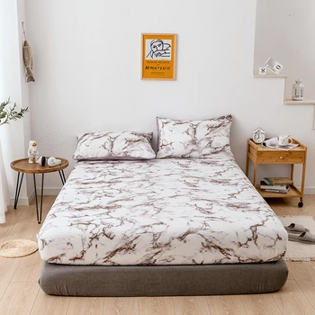 

1pc 100% Polyester Marble Printed Fitted Sheet Mattress Cover Four Corners With Elastic Band Bed Sheet Dust Proof Non-slip