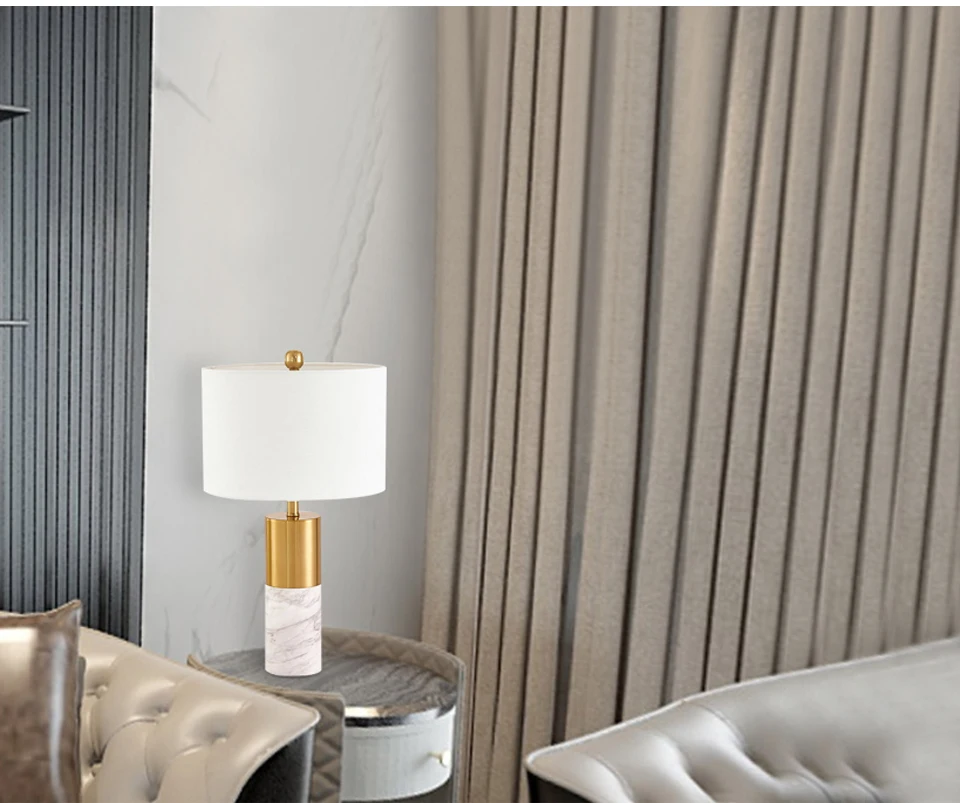 Современный Настольный светильник, роскошная мраморная прикроватная тумбочка для спальни, Настольный светильник, тканевый абажур, настольная лампа с мраморной подставкой