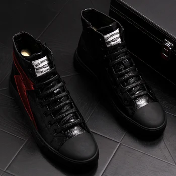 

Men Fashion Causal Ankle shoes Spring Autumn sliver Decoration Riding Boots Male High Top Print Thick Bottom Sneakers