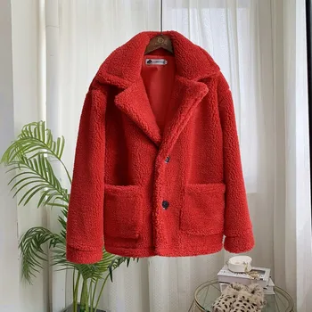 

Women Autumn Winter Coat Warm Lamb Fur Solid Color Button Lapel Plus Size Double Pocket Long Sleeve Wool Coats