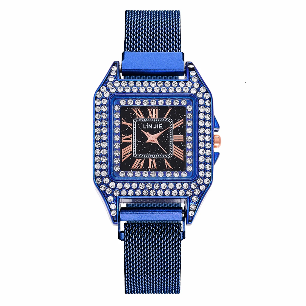 Women Magnet Buckle Square Case Shape Diamond Watch Luxury Ladies Stainless Steel Belt Quartz Watches Gift Clock - Color: blue